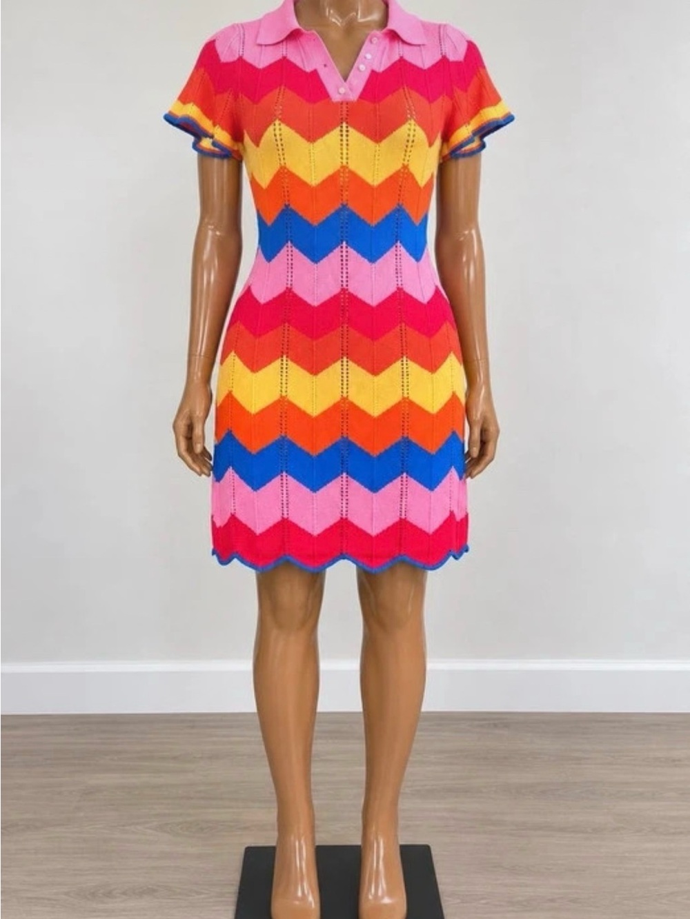 SHEIN Pink Red Yellow Blue Chevron Knit Polo Mini Dress